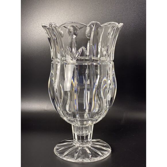 Heavy Clear Deep Cut Glass Pedestal Vase Thumbprint wheat ribbed 7 1/2"x 4 1/2" - Picture 2 of 8